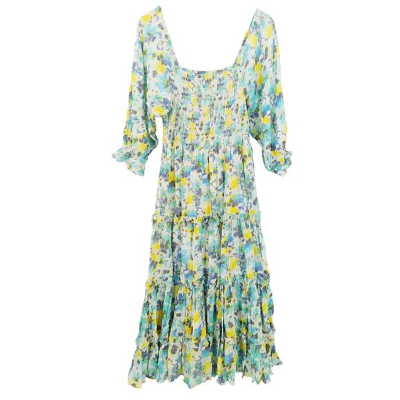 LoveShackFancy Multicolor Blur Puff Sleeve Capri Smocked Midi Dress Size Medium - Picture 3 of 7